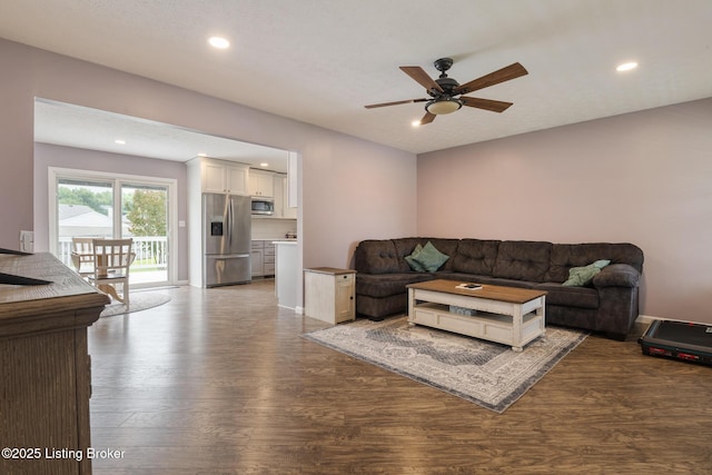 5704 Bartview Ct, Louisville, KY 40229 - living room featuring dark wood finished floors, a ceiling fan, and recessed lighting