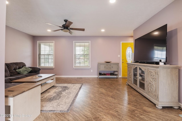 5704 Bartview Ct, Louisville, KY 40229 - living area with a ceiling fan, wood finished floors, recessed lighting, and baseboards