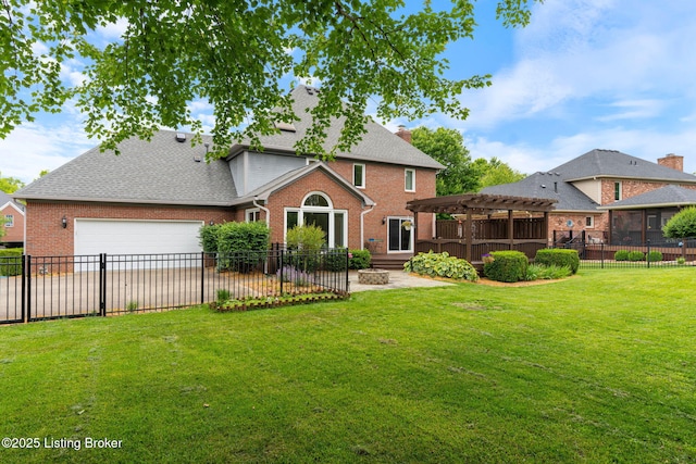 3908 Keal Run Way, Louisville, KY 40241 - rear view of house featuring a pergola, brick siding, an attached garage, a patio, and a shingled roof
