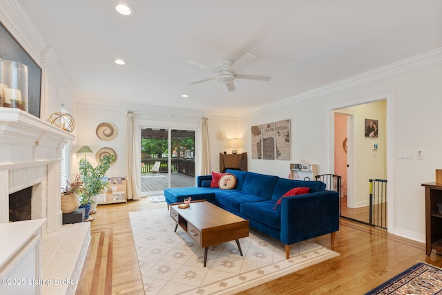 3908 Keal Run Way, Louisville, KY 40241 - living area with a ceiling fan, crown molding, light wood-style flooring, a brick fireplace, and recessed lighting
