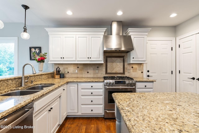 3908 Keal Run Way, Louisville, KY 40241 - kitchen with wall chimney exhaust hood, stainless steel appliances, a sink, white cabinets, and recessed lighting