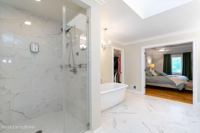 3908 Keal Run Way, Louisville, KY 40241 - ensuite bathroom featuring crown molding, a marble finish shower, a freestanding bath, marble look tile flooring, and a walk in closet