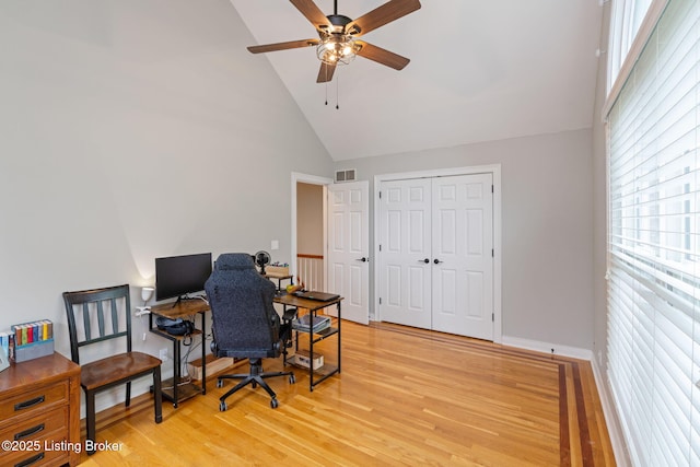 3908 Keal Run Way, Louisville, KY 40241 - office space with high vaulted ceiling, ceiling fan, light wood-style floors, and baseboards