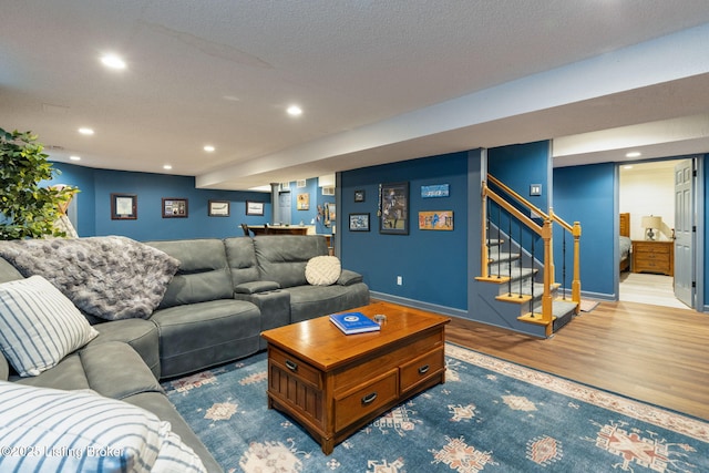 3908 Keal Run Way, Louisville, KY 40241 - living room with wood finished floors, stairway, recessed lighting, baseboards, and bar