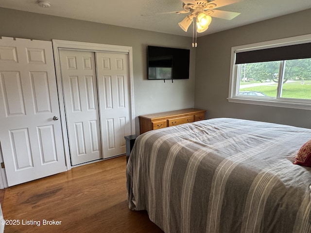 7005 Shareith Dr, Louisville, KY 40228 - bedroom featuring dark wood-type flooring, a closet, and a ceiling fan
