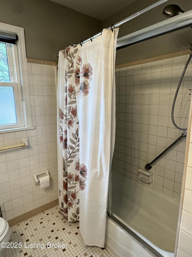 7005 Shareith Dr, Louisville, KY 40228 - full bath featuring shower / bath combo with shower curtain, tile patterned floors, and toilet