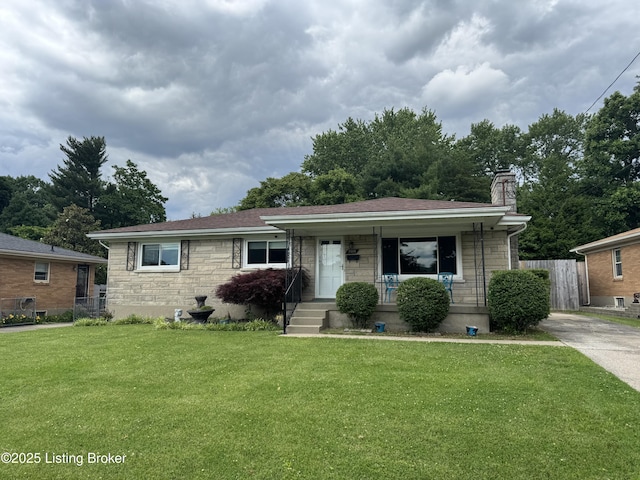 7005 Shareith Dr, Louisville, KY 40228 - view of front of property with stone siding, covered porch, a chimney, and driveway