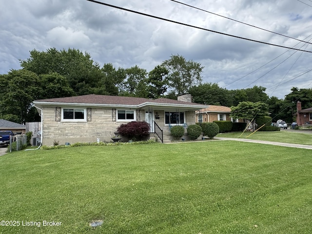 7005 Shareith Dr, Louisville, KY 40228 - view of front of home with stone siding, a chimney, and central AC unit