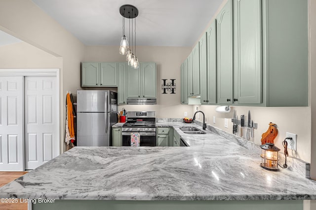 920 Lydia St, Louisville, KY 40217 - kitchen featuring stainless steel appliances, green cabinetry, light stone countertops, and a peninsula