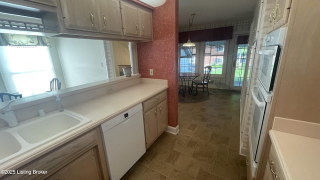 123 Westwind Trl, Bardstown, KY 40004 - kitchen with white appliances, stone finish floors, a sink, and light countertops