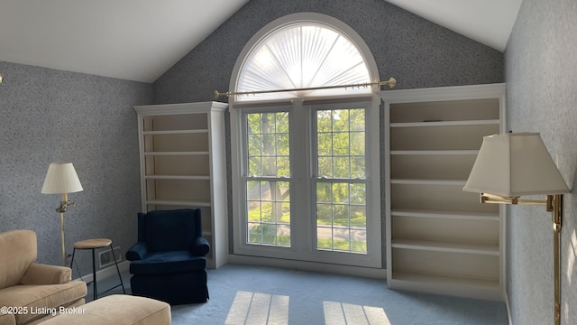 123 Westwind Trl, Bardstown, KY 40004 - living area featuring vaulted ceiling, wallpapered walls, and carpet flooring