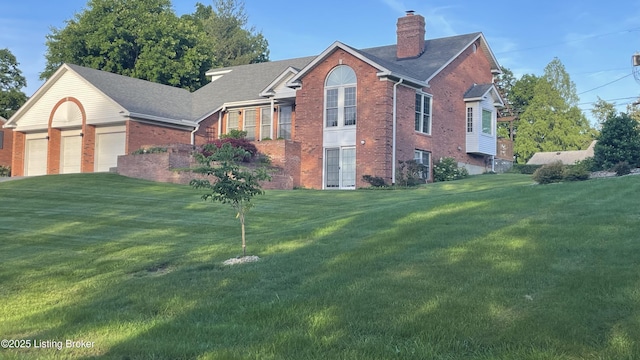 123 Westwind Trl, Bardstown, KY 40004 - view of front of house with brick siding, a chimney, a front lawn, a garage, and driveway