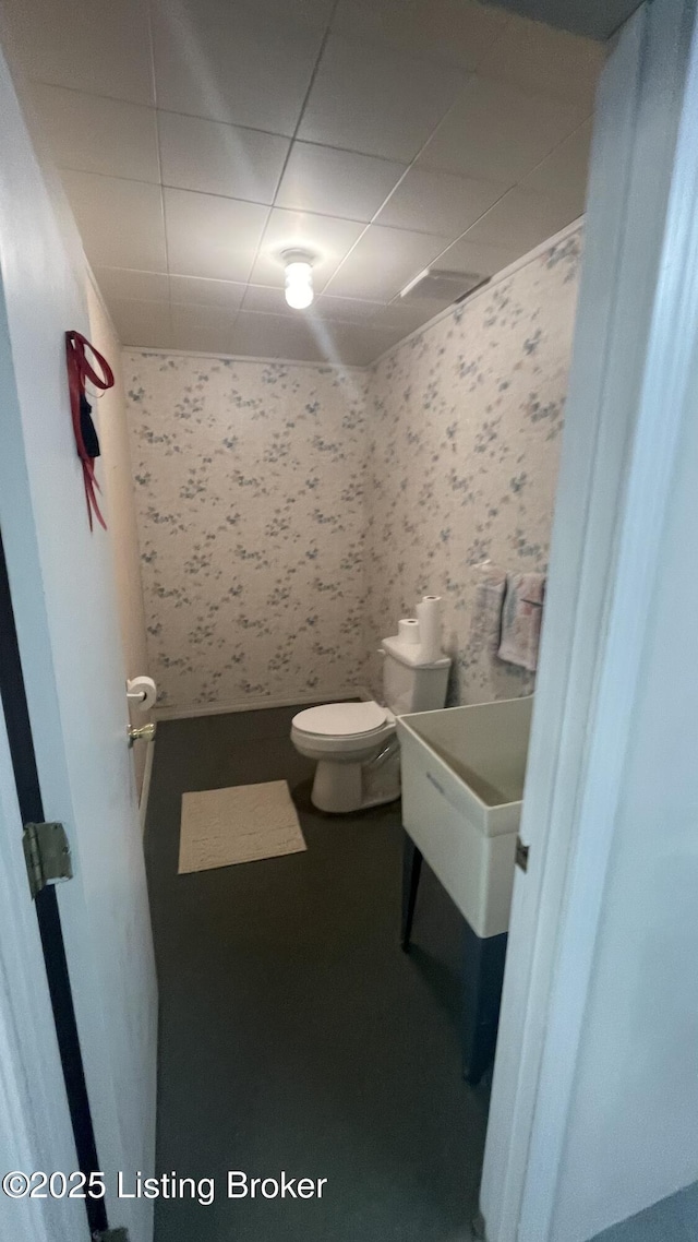 123 Westwind Trl, Bardstown, KY 40004 - bathroom featuring wallpapered walls, toilet, a sink, and a drop ceiling