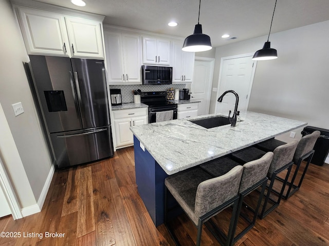 202 Elizabeth Way, Bardstown, KY 40004 - kitchen featuring black appliances, a sink, white cabinetry, light stone counters, and decorative backsplash