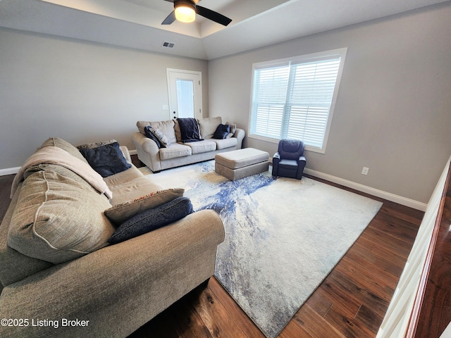 202 Elizabeth Way, Bardstown, KY 40004 - living room with baseboards, a ceiling fan, wood finished floors, and a tray ceiling