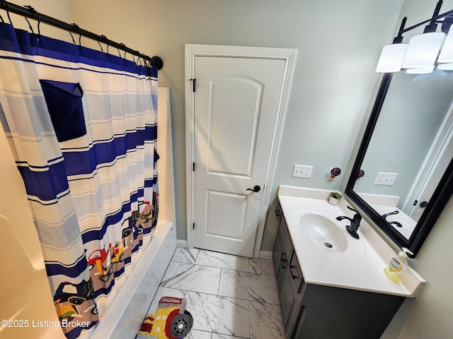 202 Elizabeth Way, Bardstown, KY 40004 - full bath with marble finish floors, vanity, shower / tub combo with curtain, and baseboards