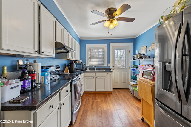 715 Woodland Ave, Frankfort, KY 40601 - kitchen featuring appliances with stainless steel finishes, under cabinet range hood, light wood-style floors, ceiling fan, and dark countertops