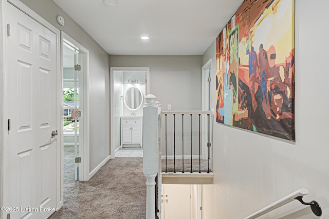 1507 Glenrock Rd, Louisville, KY 40216 - hallway featuring carpet, baseboards, an upstairs landing, and recessed lighting