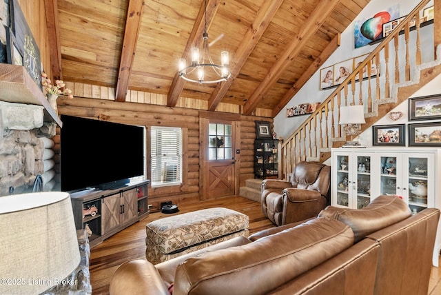 3804 Grassy Creek Dr, Lexington, KY 40503 - living room with rustic walls, wooden ceiling with exposed beams, stairs, light wood-type flooring, and a chandelier