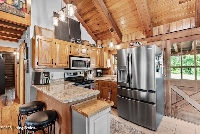 3804 Grassy Creek Dr, Lexington, KY 40503 - kitchen with stainless steel appliances, wooden ceiling, a peninsula, a breakfast bar area, and a sink