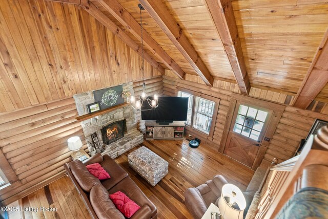 3804 Grassy Creek Dr, Lexington, KY 40503 - living room with a stone fireplace, rustic walls, wood-type flooring, and wooden ceiling