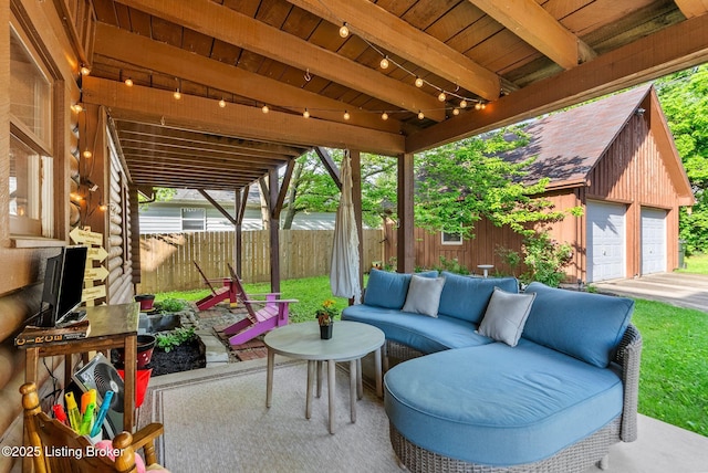 3804 Grassy Creek Dr, Lexington, KY 40503 - view of patio / terrace with an outdoor hangout area, an outbuilding, and a detached garage