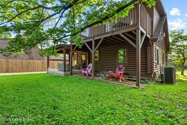 3804 Grassy Creek Dr, Lexington, KY 40503 - back of house with central AC unit, a deck, log siding, and a patio