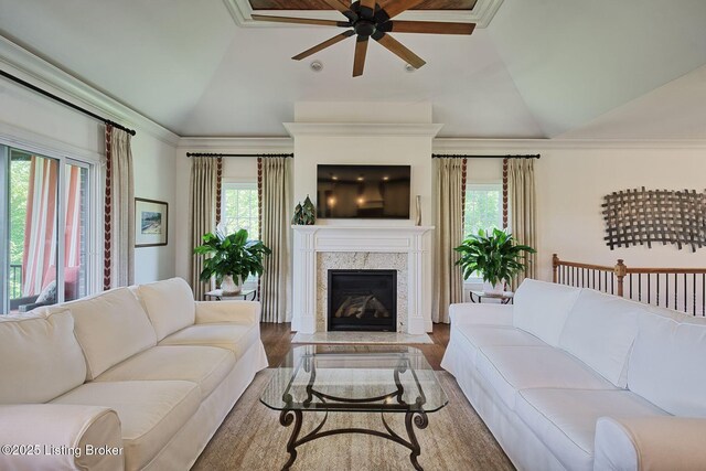 5201 Spring Mist Ct, Prospect, KY 40059 - living room with vaulted ceiling, a ceiling fan, plenty of natural light, a fireplace, and wood finished floors