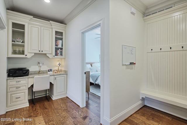 5201 Spring Mist Ct, Prospect, KY 40059 - mudroom with built in study area, ornamental molding, dark wood-style flooring, baseboards, and recessed lighting