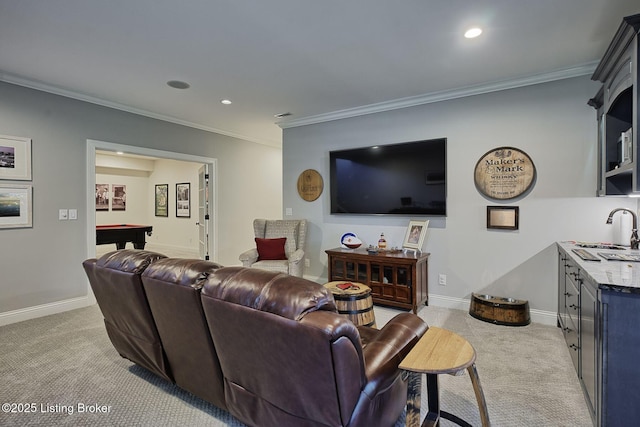 5201 Spring Mist Ct, Prospect, KY 40059 - living room with pool table, light carpet, crown molding, recessed lighting, and baseboards