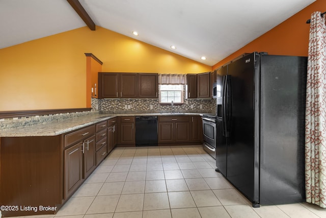 6821 James Madison Way, Louisville, KY 40272 - kitchen with black appliances, a sink, backsplash, light tile patterned floors, and a peninsula