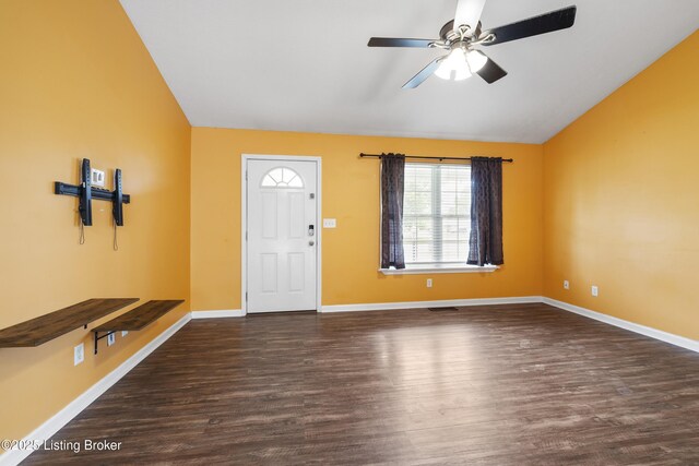 6821 James Madison Way, Louisville, KY 40272 - entryway featuring ceiling fan, baseboards, dark wood finished floors, and lofted ceiling