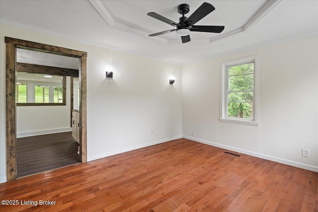 10711 Jefferson Hill Rd, Fairdale, KY 40118 - spare room featuring wood finished floors, ornamental molding, ceiling fan, a raised ceiling, and baseboards
