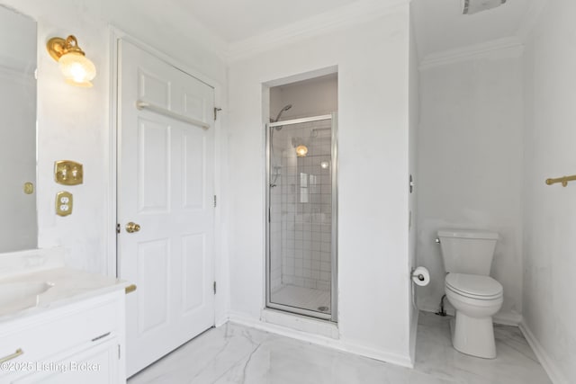 2309 Phoenix Hill Dr, Louisville, KY 40207 - bathroom featuring marble finish flooring, vanity, a stall shower, toilet, and ornamental molding