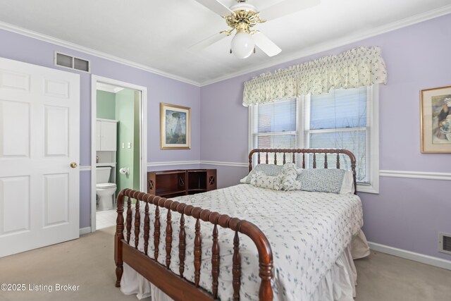 2309 Phoenix Hill Dr, Louisville, KY 40207 - bedroom with light carpet, ornamental molding, baseboards, connected bathroom, and ceiling fan