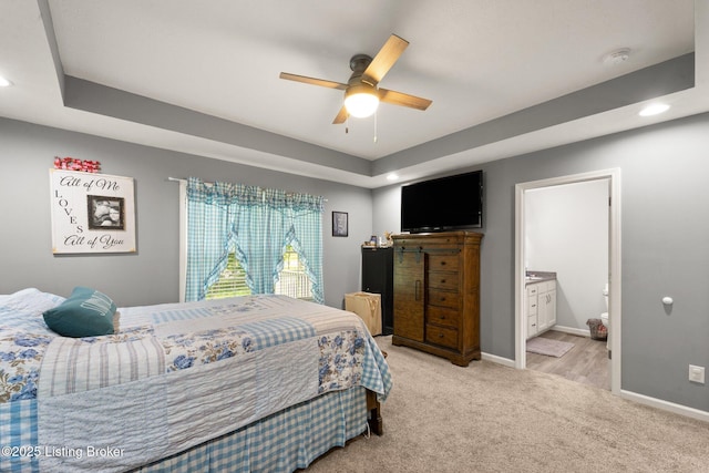 987 Wheelers Mill Rd, Munfordville, KY 42765 - bedroom featuring light colored carpet, baseboards, recessed lighting, connected bathroom, and ceiling fan