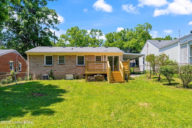 10518 Fairview Ave, Louisville, KY 40299 - back of house featuring a wooden deck, brick siding, central AC, and stairway