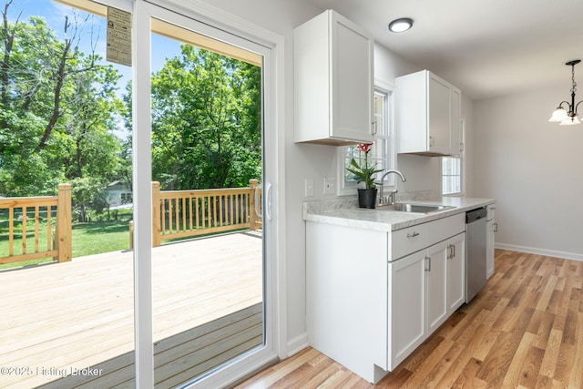 10518 Fairview Ave, Louisville, KY 40299 - kitchen featuring a sink, dishwasher, light countertops, a chandelier, and white cabinetry
