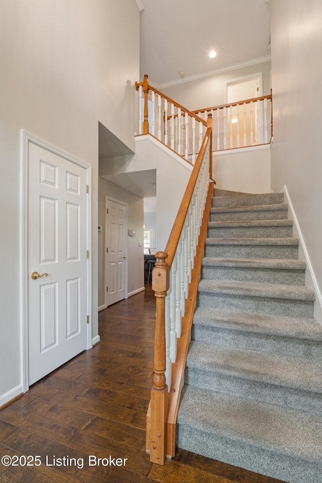 3613 Wynbrooke Cir, Louisville, KY 40241 - stairway with hardwood / wood-style flooring, baseboards, a high ceiling, recessed lighting, and crown molding
