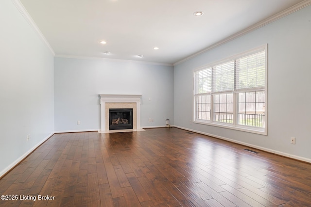 3613 Wynbrooke Cir, Louisville, KY 40241 - unfurnished living room with dark wood-type flooring, ornamental molding, baseboards, a fireplace, and recessed lighting