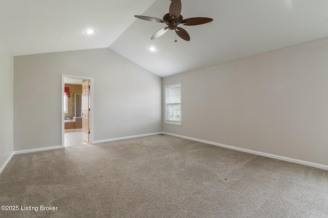 3613 Wynbrooke Cir, Louisville, KY 40241 - spare room featuring ceiling fan, vaulted ceiling, light colored carpet, baseboards, and recessed lighting