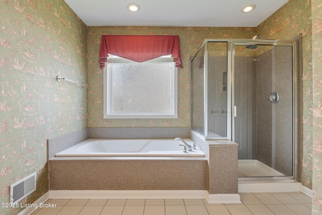 3613 Wynbrooke Cir, Louisville, KY 40241 - bathroom featuring a shower stall, a bath, tile patterned flooring, wallpapered walls, and recessed lighting