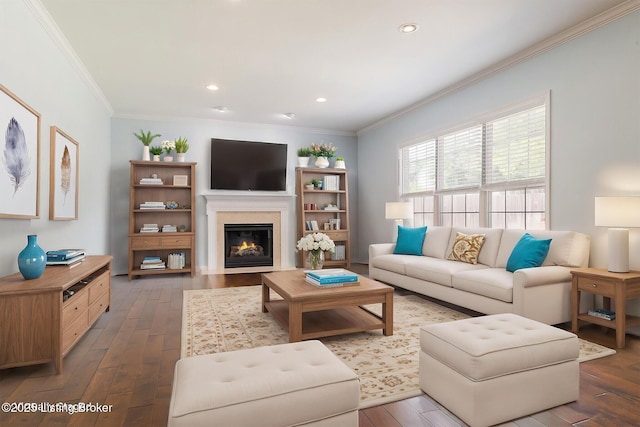 3613 Wynbrooke Cir, Louisville, KY 40241 - living room with crown molding, wood-type flooring, a fireplace with flush hearth, and recessed lighting