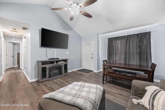 1300 Keane Ave, La Grange, KY 40031 - living area with attic access, a ceiling fan, vaulted ceiling, wood finished floors, and baseboards