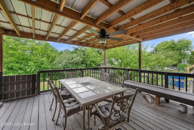 1300 Keane Ave, La Grange, KY 40031 - wooden deck featuring outdoor dining space, ceiling fan, and view of wooded area