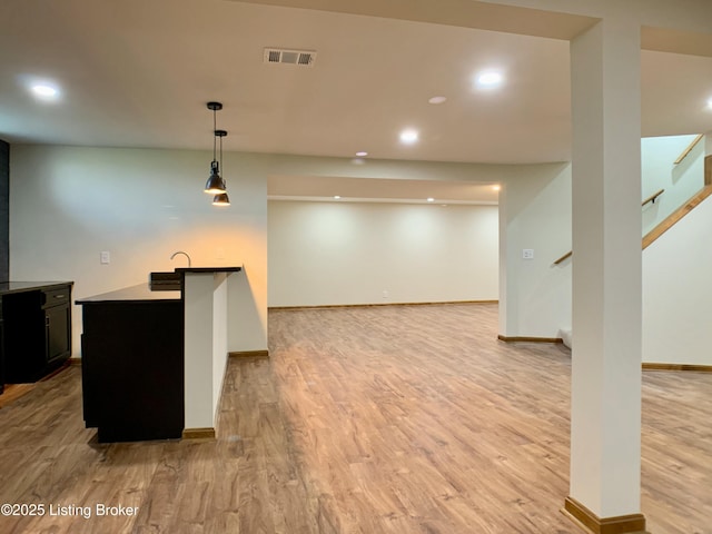 5101 Elm Tree Pl, Louisville, KY 40299 - kitchen with light wood-type flooring, baseboards, hanging light fixtures, and recessed lighting