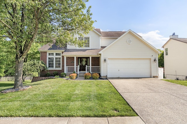 12308 Dominion Way, Louisville, KY 40299 - view of front of home with driveway, a porch, a garage, a front lawn, and brick siding