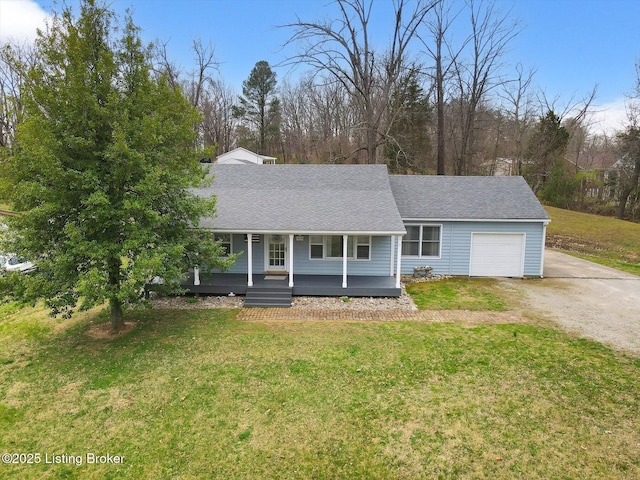 8400 Wisertown Rd, Louisville, KY 40214 - view of front facade featuring driveway, a front lawn, a garage, and a porch