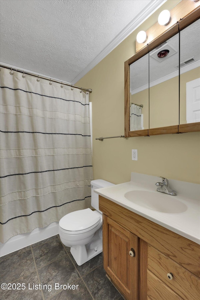 8400 Wisertown Rd, Louisville, KY 40214 - bathroom with vanity, toilet, a textured ceiling, and crown molding