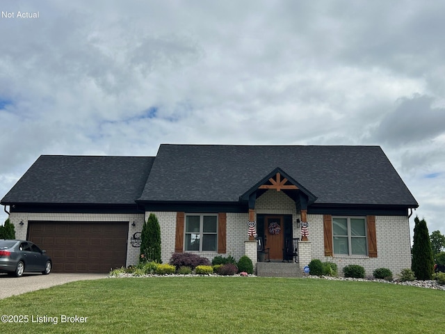 9105 Foxplum Ct, Louisville, KY 40272 - view of front of home with brick siding, an attached garage, a front yard, roof with shingles, and driveway